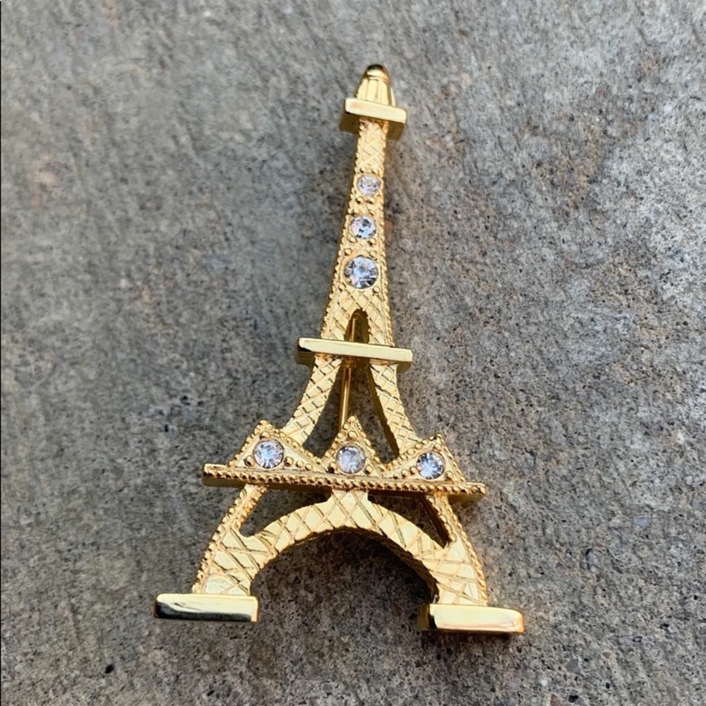 Vintage Eiffel Tower Gold Tone Clear Rhinestone Pin Brooch Eifel